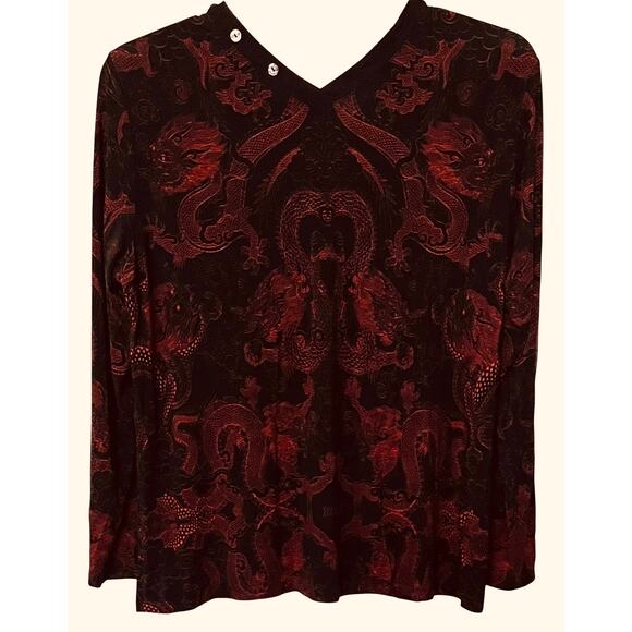 JOHNNY WAS LONG SLV, V-NECK, PULL-OVER BLOUSE, WOMENS, XL, BLACK & REDISH-ORANGE - Picture 2 of 9